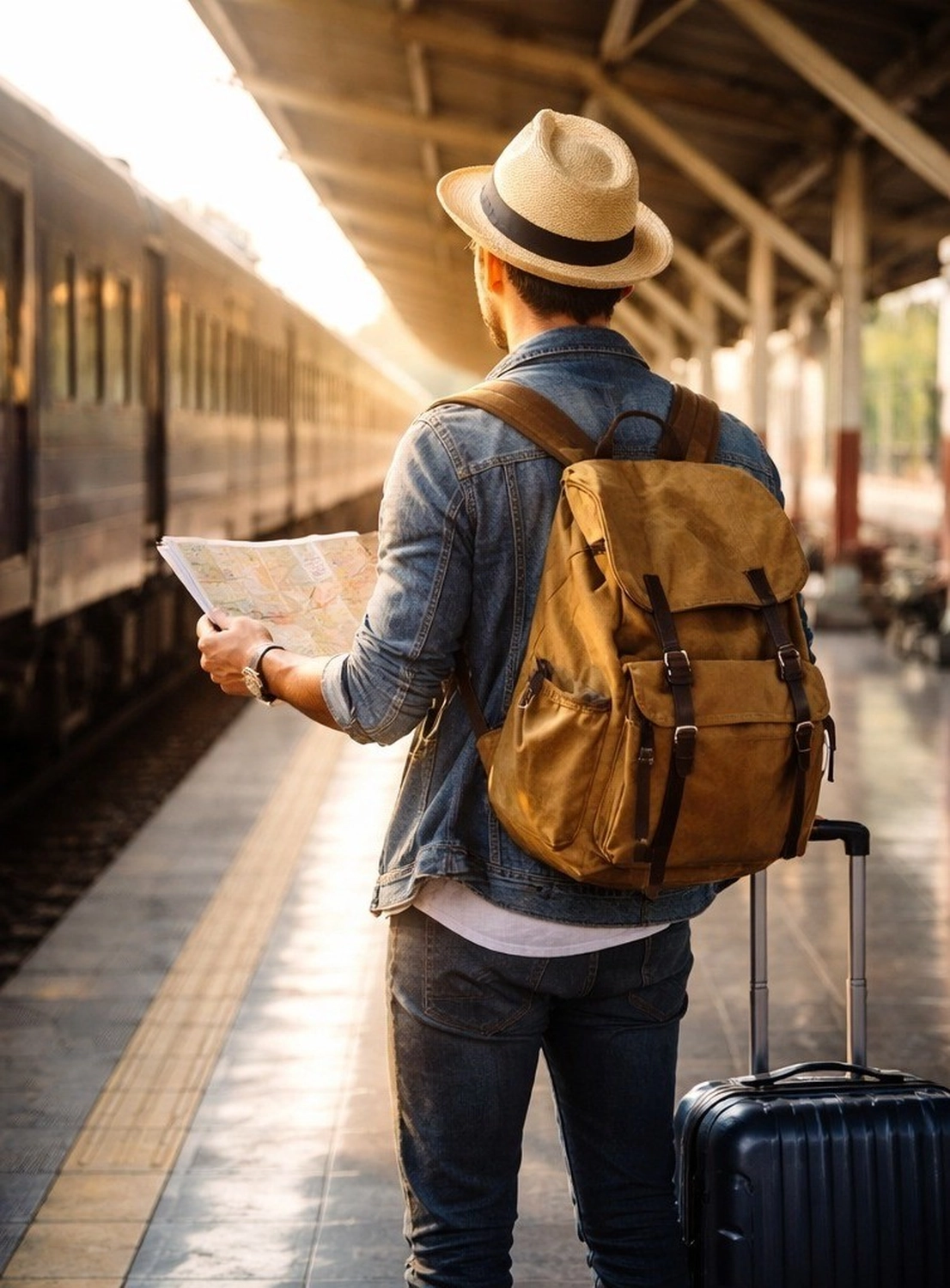 Reisender mit Rucksack und Landkarte auf einem Bahnsteig