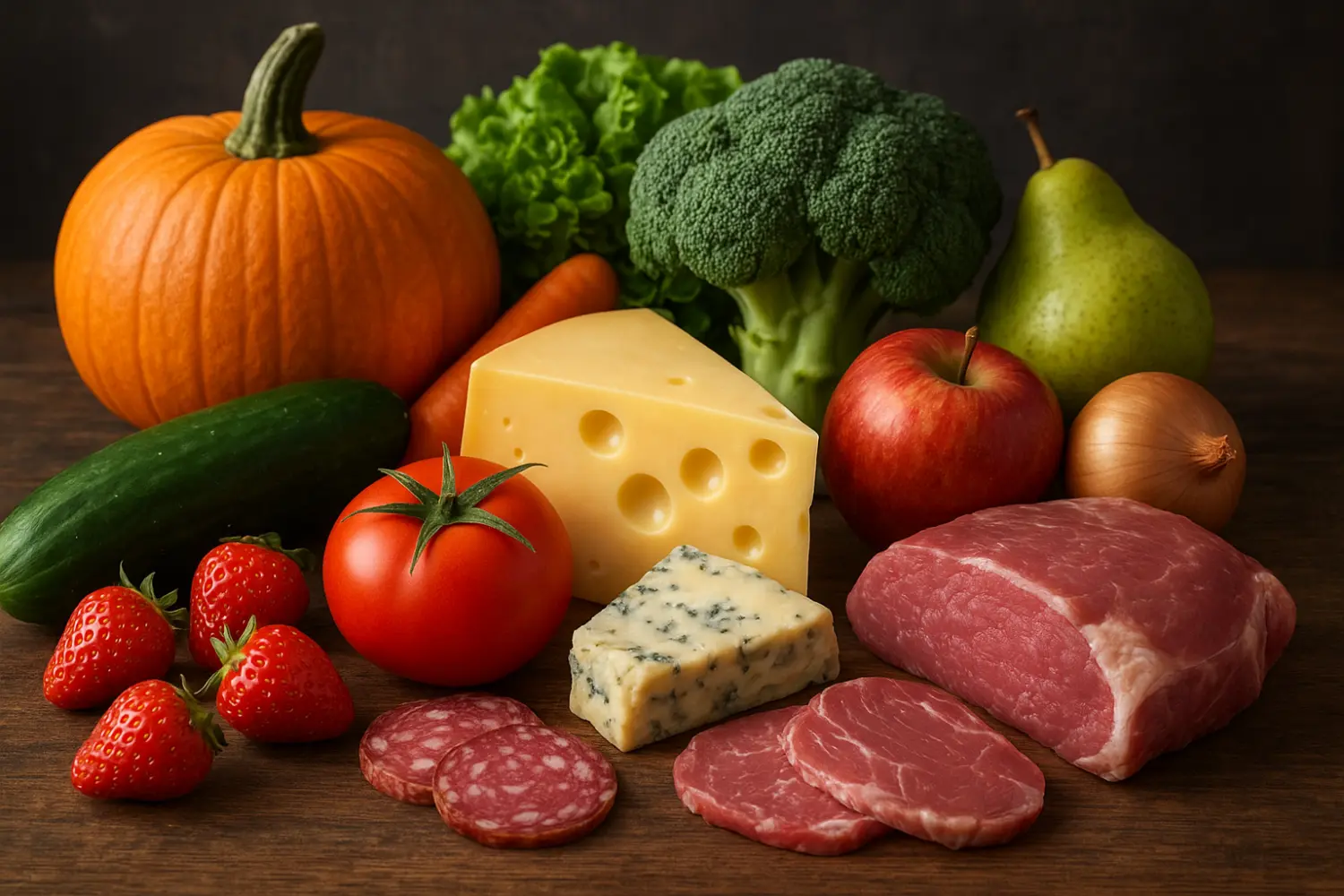 Gemüse, Obst, Käse und Fleisch auf einem Holztisch